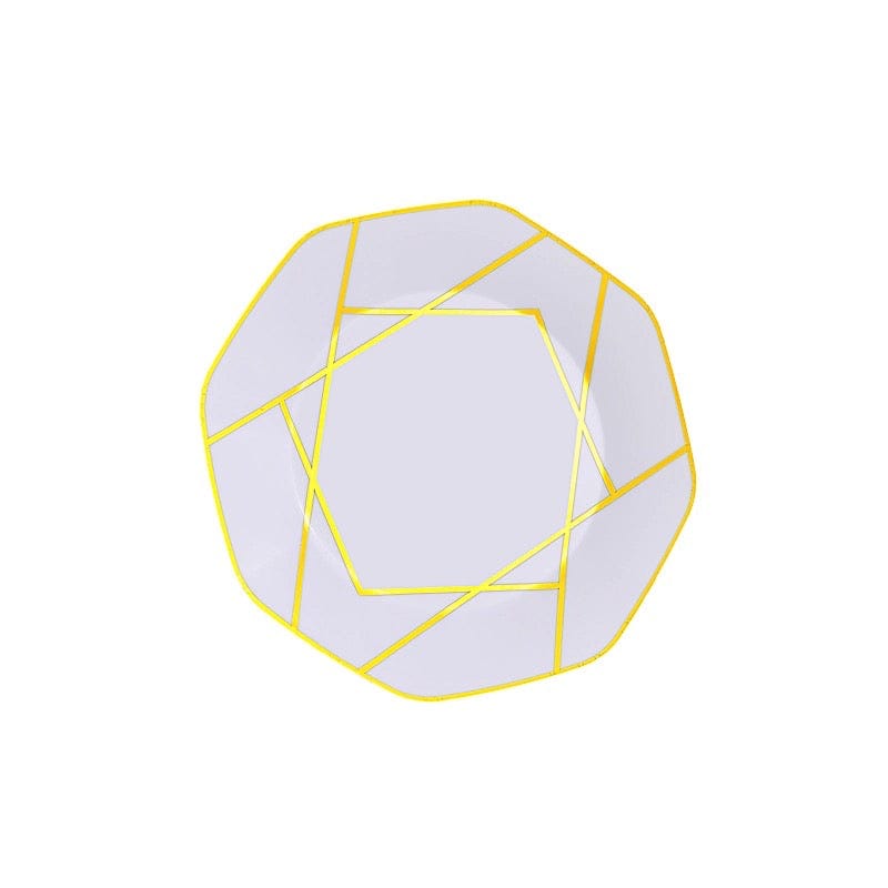 10 Octagon Plastic Salad and Dinner Plates with Gold Geometric Design - Disposable Tableware DSP_PLGO0001_10_WHGD