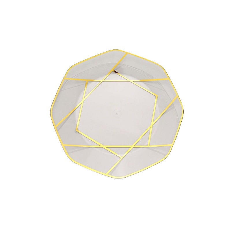 10 Octagon Plastic Salad and Dinner Plates with Gold Geometric Design - Disposable Tableware DSP_PLGO0001_8_CLGD