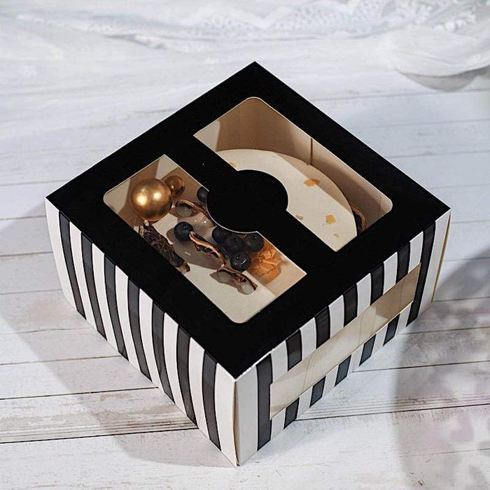 10 pcs 10" Striped Dessert Bakery Cake Boxes with Window - Black and White BOX_10X6_CAKE01_BLK
