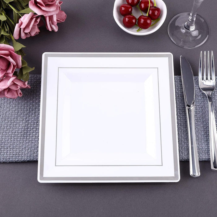 10 pcs 10" White Square Plastic Salad Luncheon Plates with Silver Rim - Disposable Tableware PLST_PLA0092_WHTS