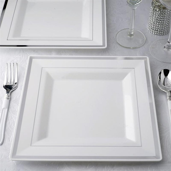 10 pcs 10" White Square Plastic Salad Luncheon Plates with Silver Rim - Disposable Tableware PLST_PLA0092_WHTS