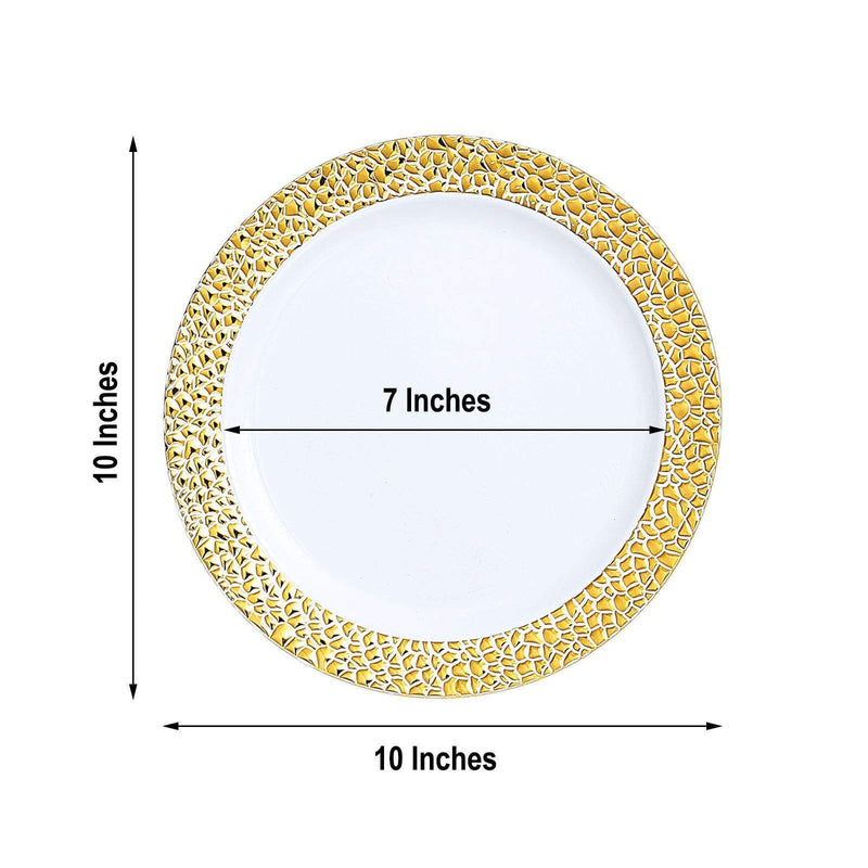 10 pcs 10" wide White Round Salad Plates with Hammered Trim - Disposable Tableware