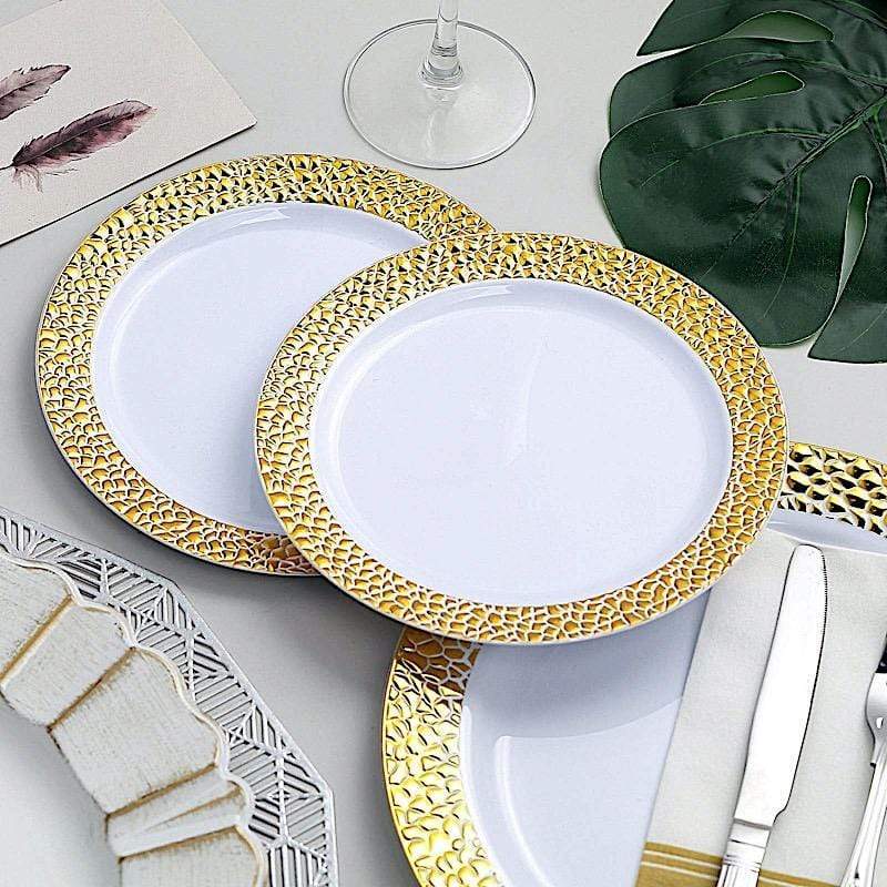 10 pcs 10" wide White Round Salad Plates with Hammered Trim - Disposable Tableware