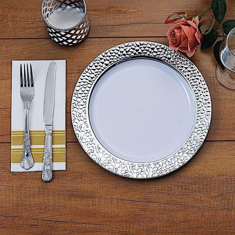 10 pcs 10" wide White Round Salad Plates with Hammered Trim - Disposable Tableware