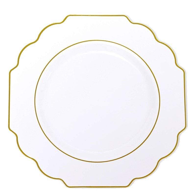 10 pcs Baroque White Plastic Plates with Gold Rim
