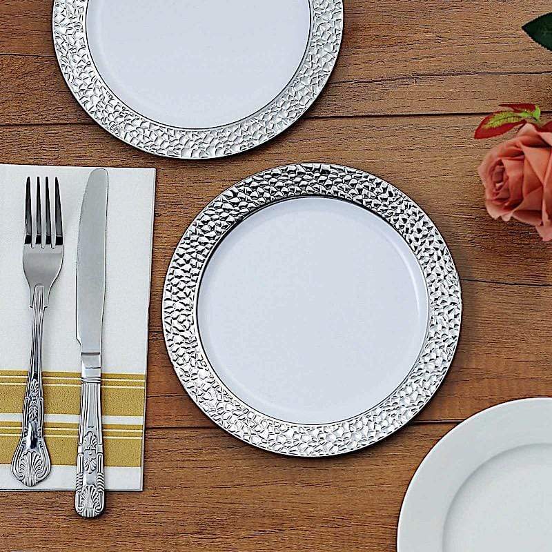 10 pcs 7.5" wide White Round Salad Plates with Hammered Trim - Disposable Tableware