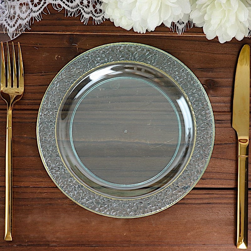 10 pcs 7.5" wide White Round Salad Plates with Hammered Trim - Disposable Tableware