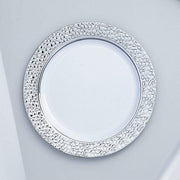 10 pcs 7.5" wide White Round Salad Plates with Hammered Trim - Disposable Tableware DSP_PLR0007_7_SILV