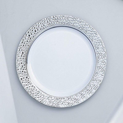 10 pcs 7.5" wide White Round Salad Plates with Hammered Trim - Disposable Tableware DSP_PLR0007_7_SILV
