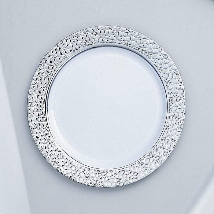 10 pcs 7.5" wide White Round Salad Plates with Hammered Trim - Disposable Tableware DSP_PLR0007_7_SILV
