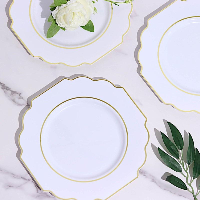 10 pcs 8" Baroque Plastic Dessert Plates with Gold Rim - Disposable Tableware
