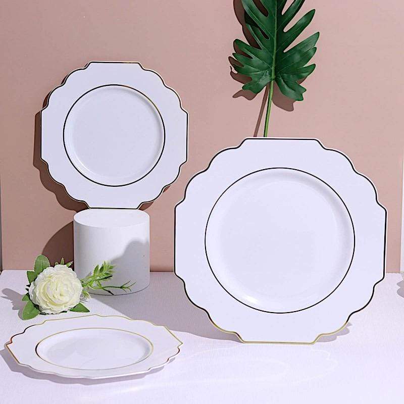 10 pcs 8" Baroque Plastic Dessert Plates with Gold Rim - Disposable Tableware