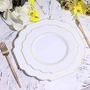 10 pcs 8" Baroque Plastic Dessert Plates with Gold Rim - Disposable Tableware