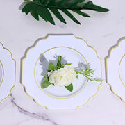 10 pcs 8" Baroque Plastic Dessert Plates with Gold Rim - Disposable Tableware