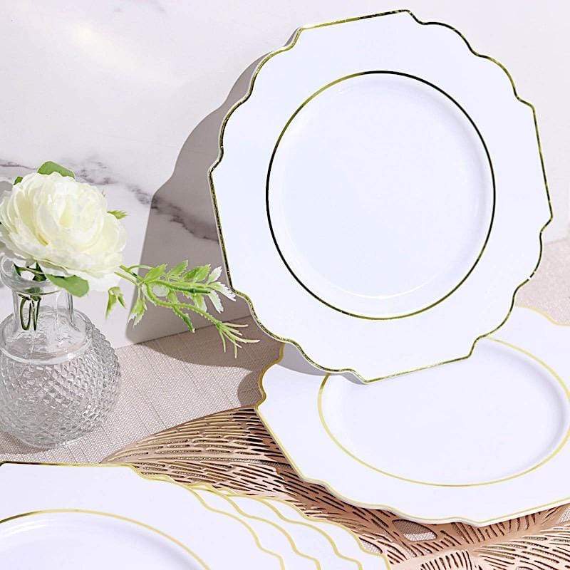 10 pcs 8" Baroque Plastic Dessert Plates with Gold Rim - Disposable Tableware