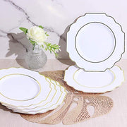 10 pcs 8" Baroque Plastic Dessert Plates with Gold Rim - Disposable Tableware