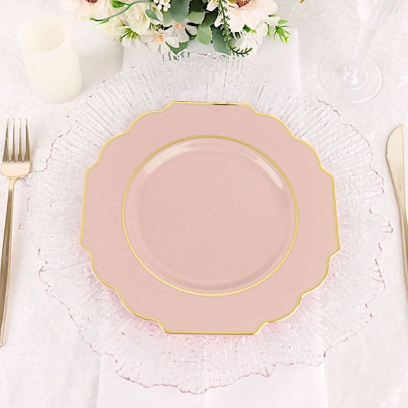 10 pcs 8" Baroque Plastic Dessert Plates with Gold Rim - Disposable Tableware