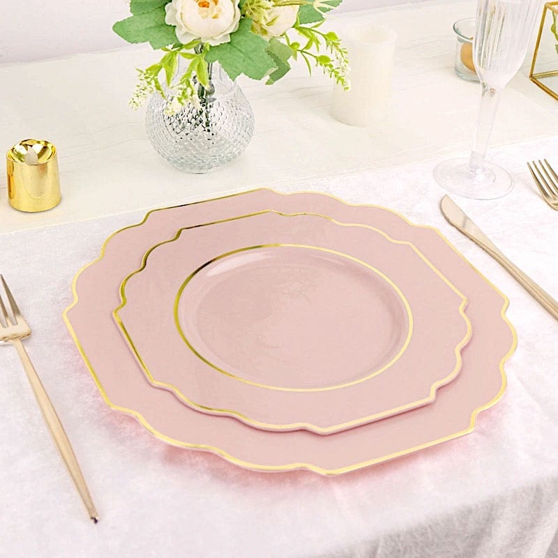 10 pcs 8" Baroque Plastic Dessert Plates with Gold Rim - Disposable Tableware