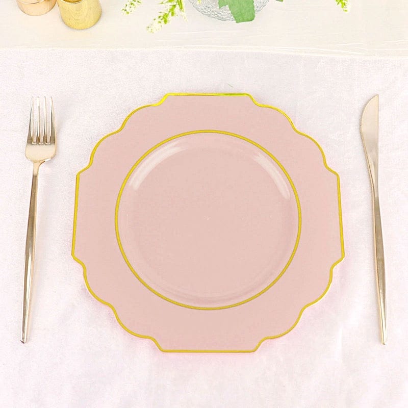10 pcs 8" Baroque Plastic Dessert Plates with Gold Rim - Disposable Tableware