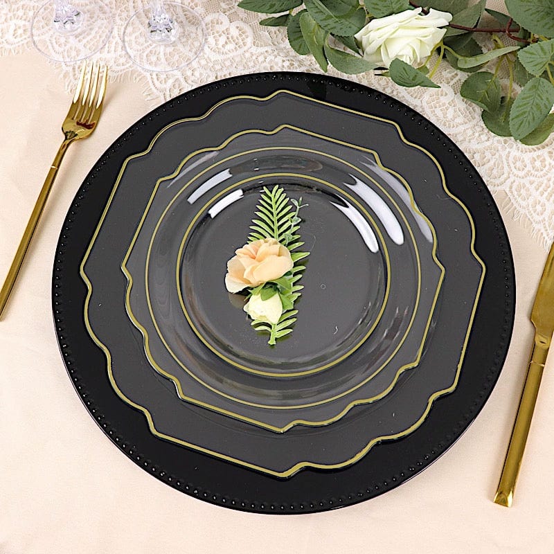 10 pcs 8" Baroque Plastic Dessert Plates with Gold Rim - Disposable Tableware