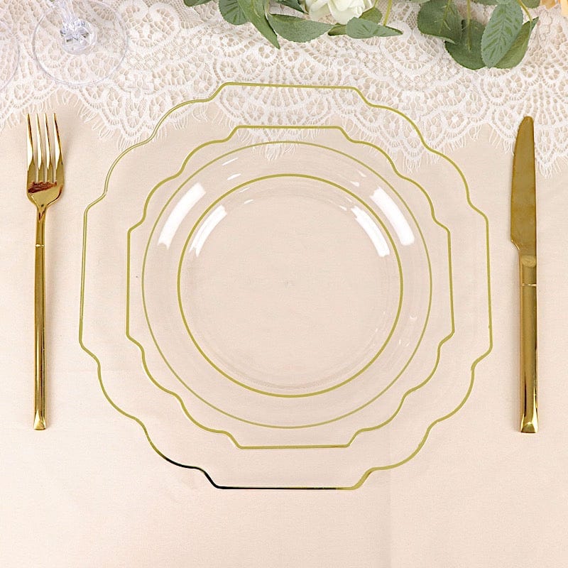 10 pcs 8" Baroque Plastic Dessert Plates with Gold Rim - Disposable Tableware