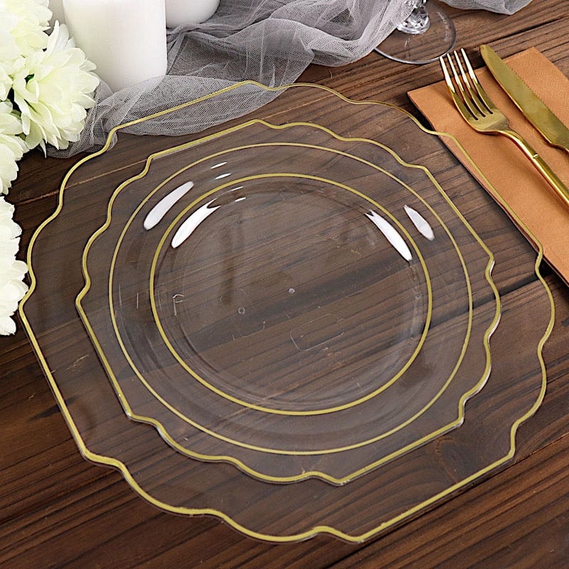 10 pcs 8" Baroque Plastic Dessert Plates with Gold Rim - Disposable Tableware