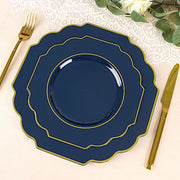 10 pcs 8" Baroque Plastic Dessert Plates with Gold Rim - Disposable Tableware