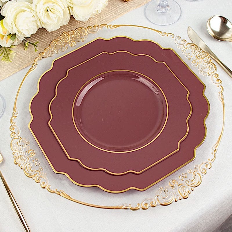 10 pcs 8" Baroque Plastic Dessert Plates with Gold Rim - Disposable Tableware