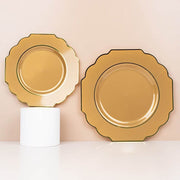 10 pcs 8" Baroque Plastic Dessert Plates with Gold Rim - Disposable Tableware