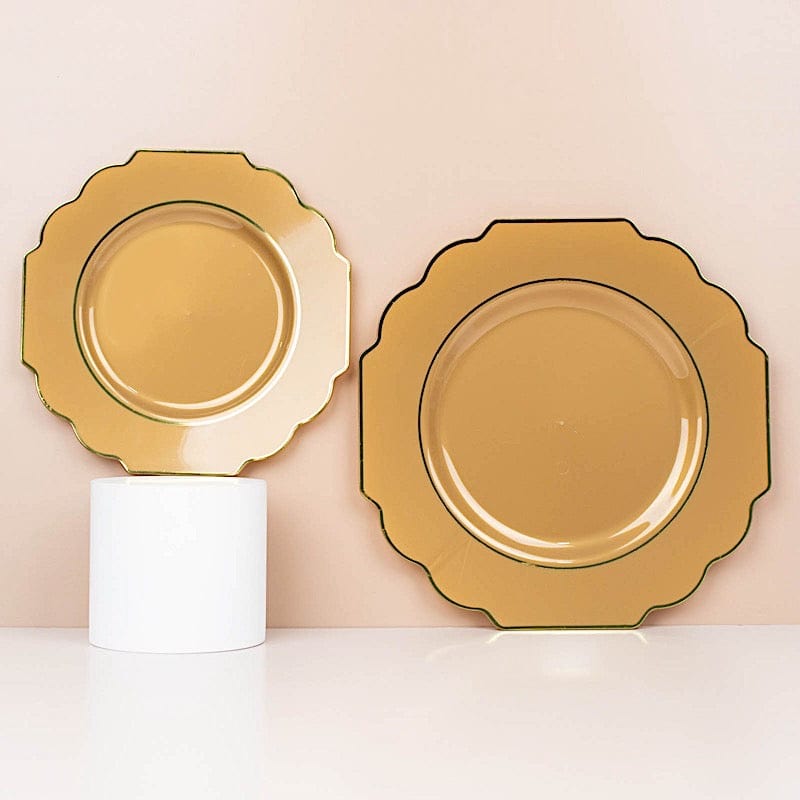 10 pcs 8" Baroque Plastic Dessert Plates with Gold Rim - Disposable Tableware