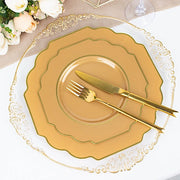 10 pcs 8" Baroque Plastic Dessert Plates with Gold Rim - Disposable Tableware