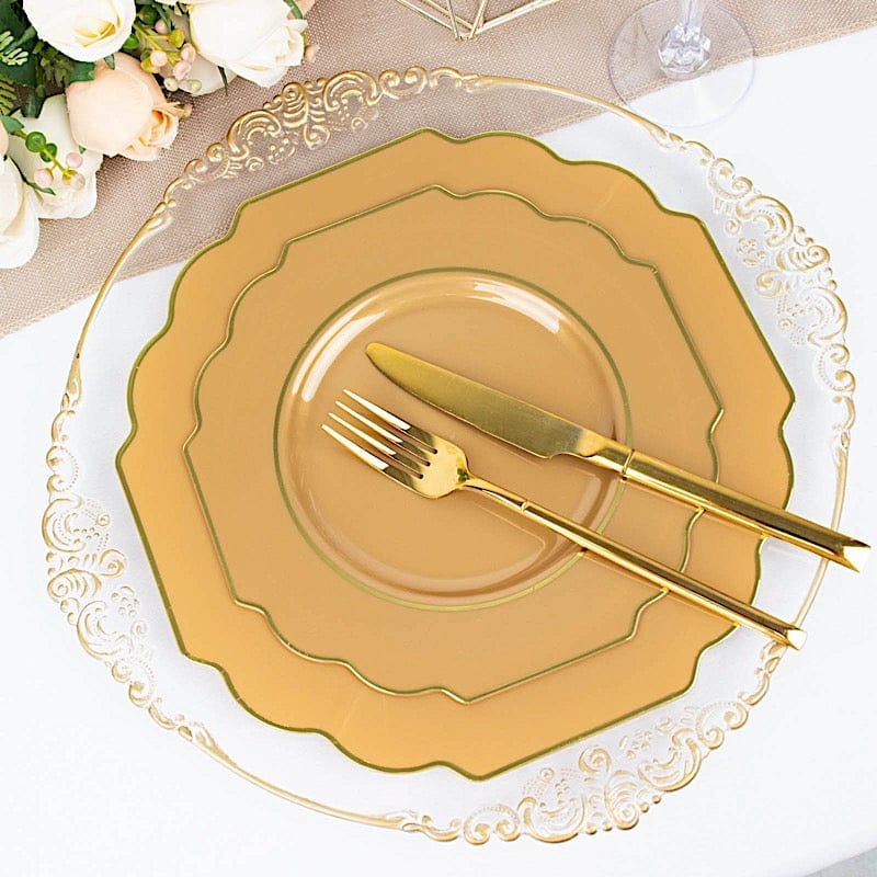 10 pcs 8" Baroque Plastic Dessert Plates with Gold Rim - Disposable Tableware