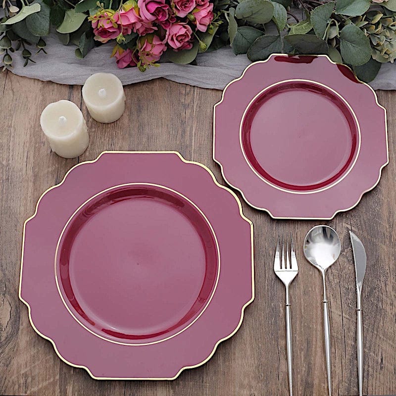 10 pcs 8" Baroque Plastic Dessert Plates with Gold Rim - Disposable Tableware
