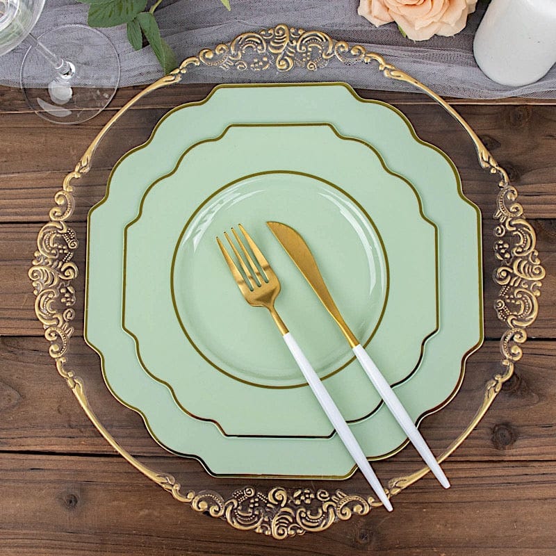 10 pcs 8" Baroque Plastic Dessert Plates with Gold Rim - Disposable Tableware