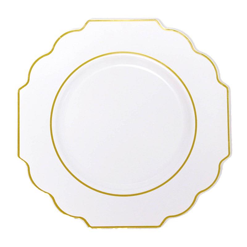 10 pcs 8" Baroque Plastic Dessert Plates with Gold Rim - Disposable Tableware DSP_PLR0014_8_WHGD