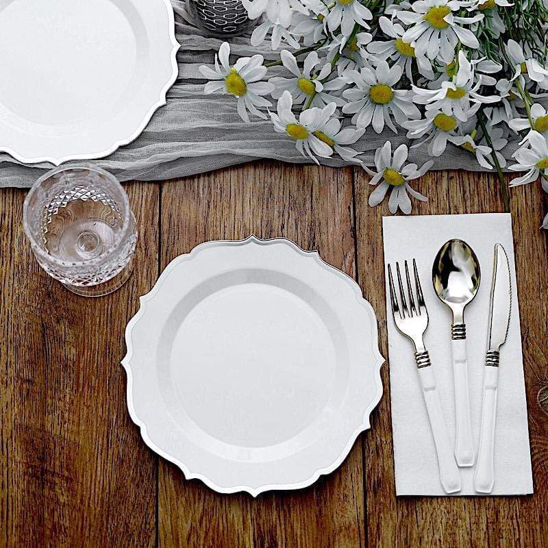 10 pcs 8" White Plastic Dessert Plates With Scalloped Rim - Disposable Tableware