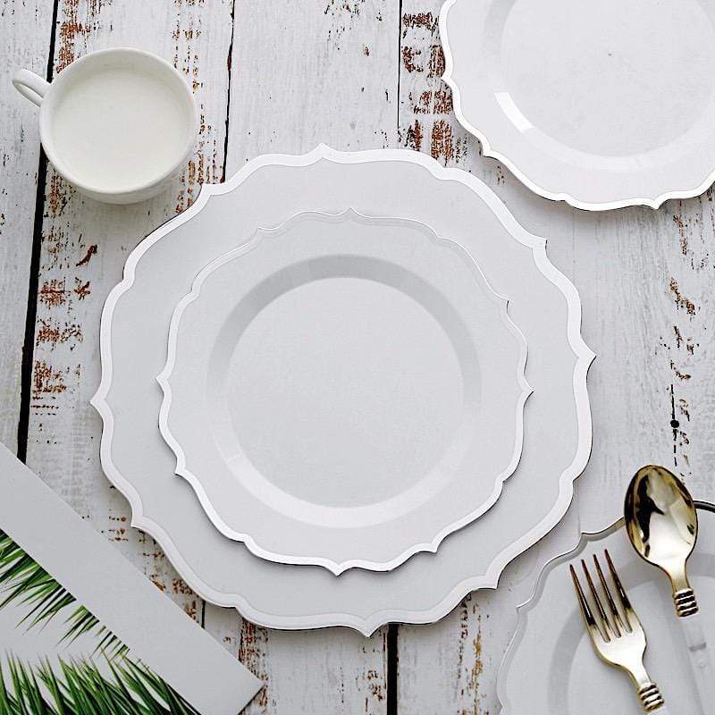10 pcs 8" White Plastic Dessert Plates With Scalloped Rim - Disposable Tableware