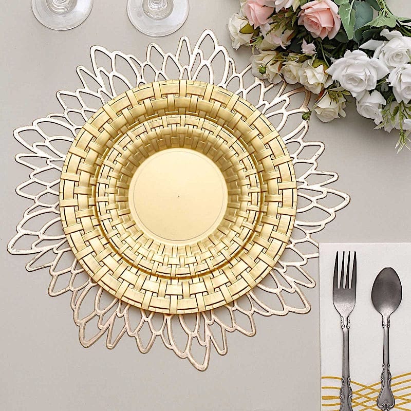 10 pcs Clear Round Dessert Plates with Basketweave - Disposable Tableware PLST_PLA0031_GOLD