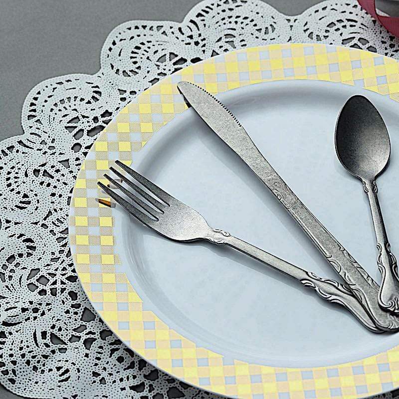 10 pcs Round Salad Plates with Checkered Trim - Disposable Tableware