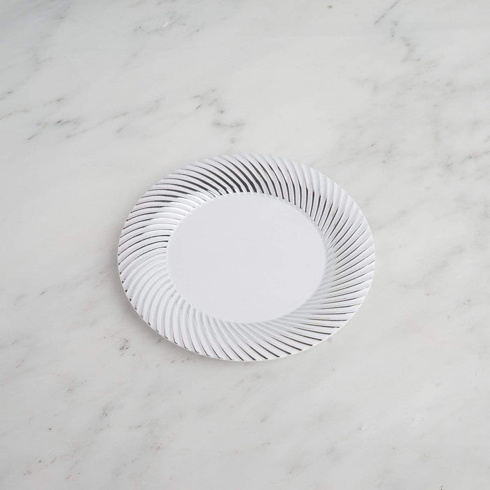 10 pcs White Round Dessert Plates with Silver Twirl - Disposable Tableware