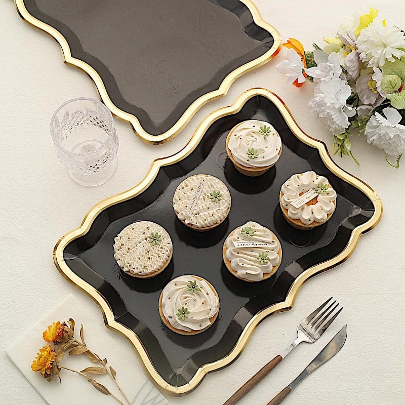 10 Rectangle 14" Paper Serving Trays with Scroll Design and Gold Rim