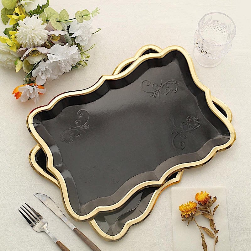 10 Rectangle 14" Paper Serving Trays with Scroll Design and Gold Rim
