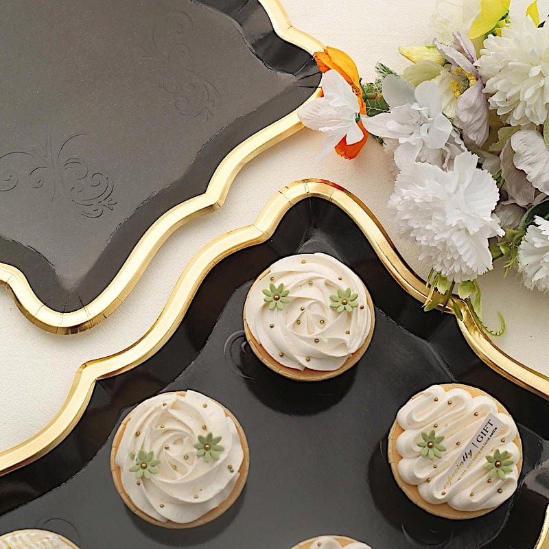 10 Rectangle 14" Paper Serving Trays with Scroll Design and Gold Rim