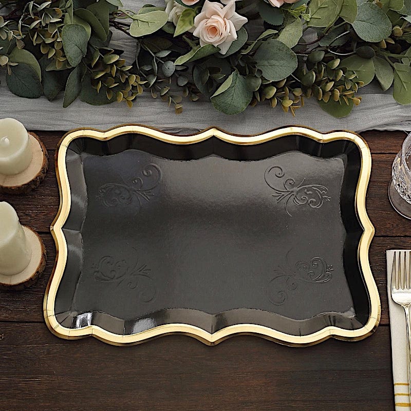 10 Rectangle 14" Paper Serving Trays with Scroll Design and Gold Rim