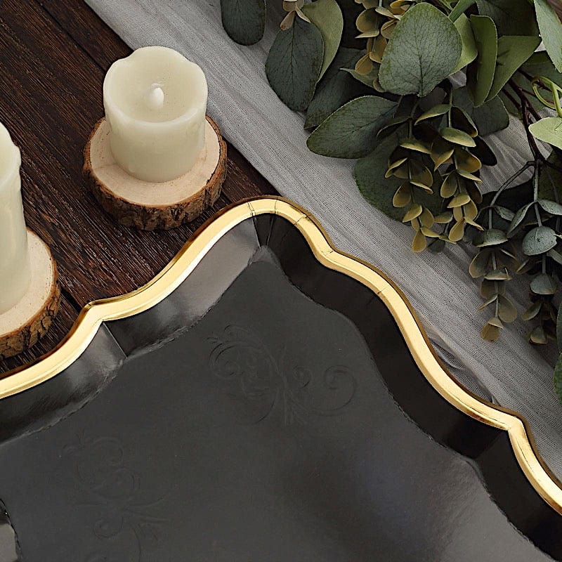 10 Rectangle 14" Paper Serving Trays with Scroll Design and Gold Rim