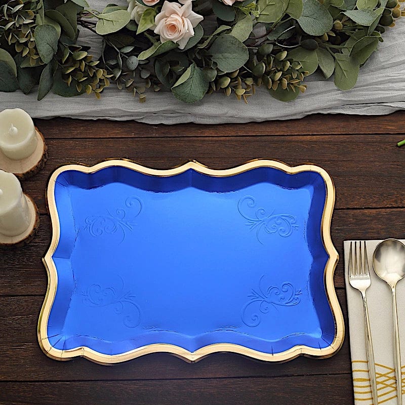 10 Rectangle 14" Paper Serving Trays with Scroll Design and Gold Rim