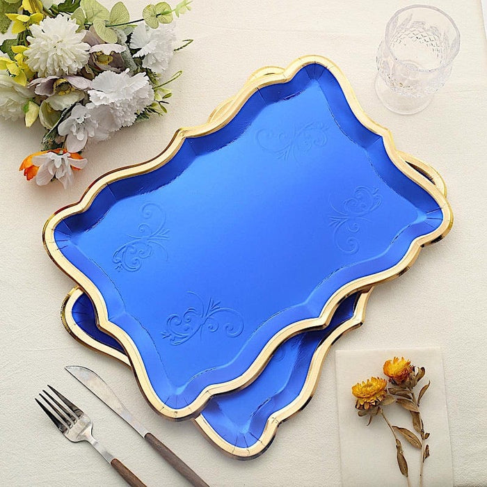 10 Rectangle 14" Paper Serving Trays with Scroll Design and Gold Rim