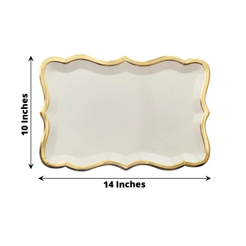 10 Rectangle 14" Paper Serving Trays with Scroll Design and Gold Rim