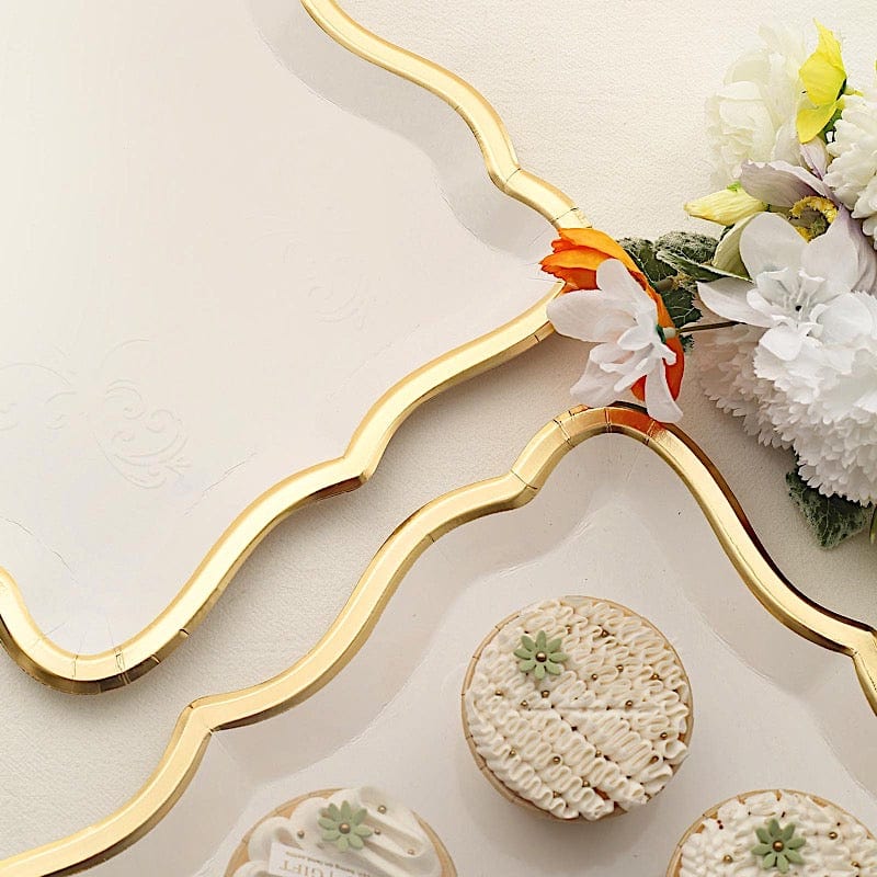 10 Rectangle 14" Paper Serving Trays with Scroll Design and Gold Rim