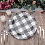 10 Round 13" Checkered Disposable Paper Charger Plates with Textured Rim